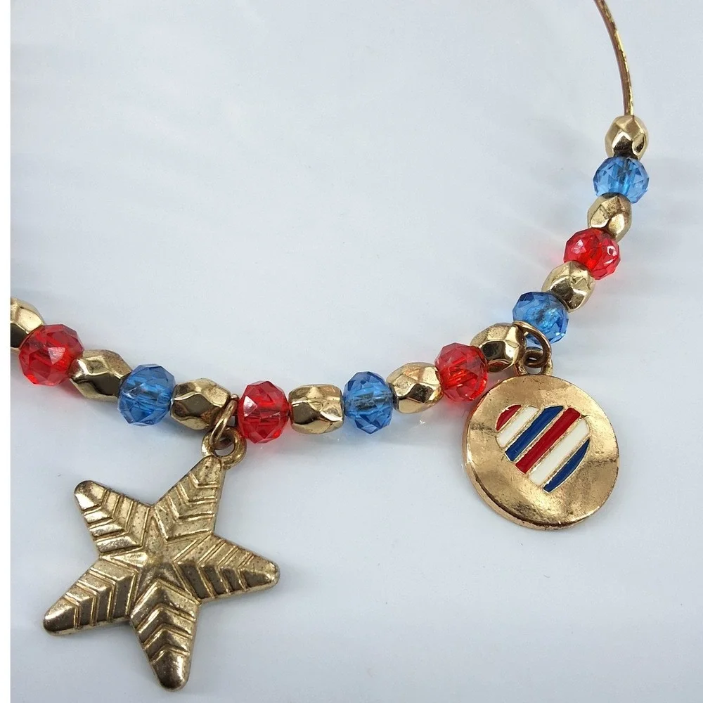 Patriotic Gold Tone Charm‎ Bangle Bracelet Red Blue Beads Star Heart AB Crystal